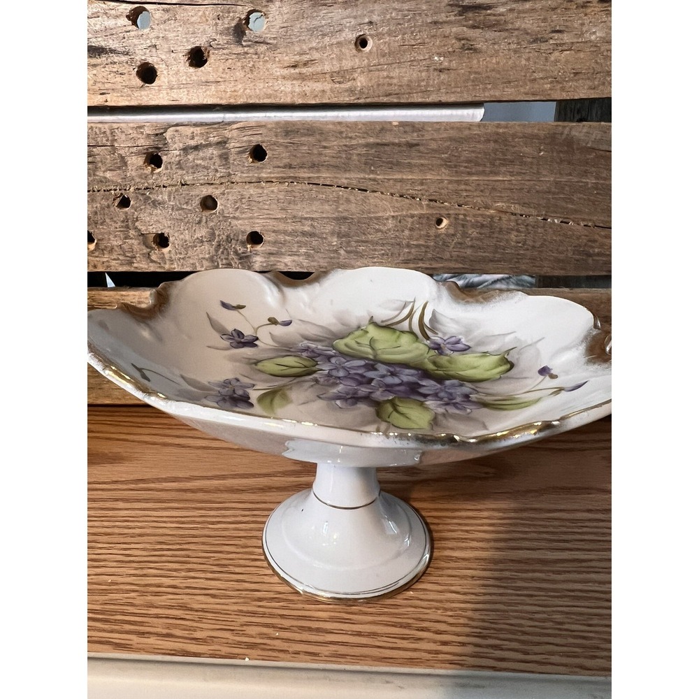 Antique PORCELAIN SMALL FOOTED COMPOTE Violets DECORATION Blue Floral Golden Rim